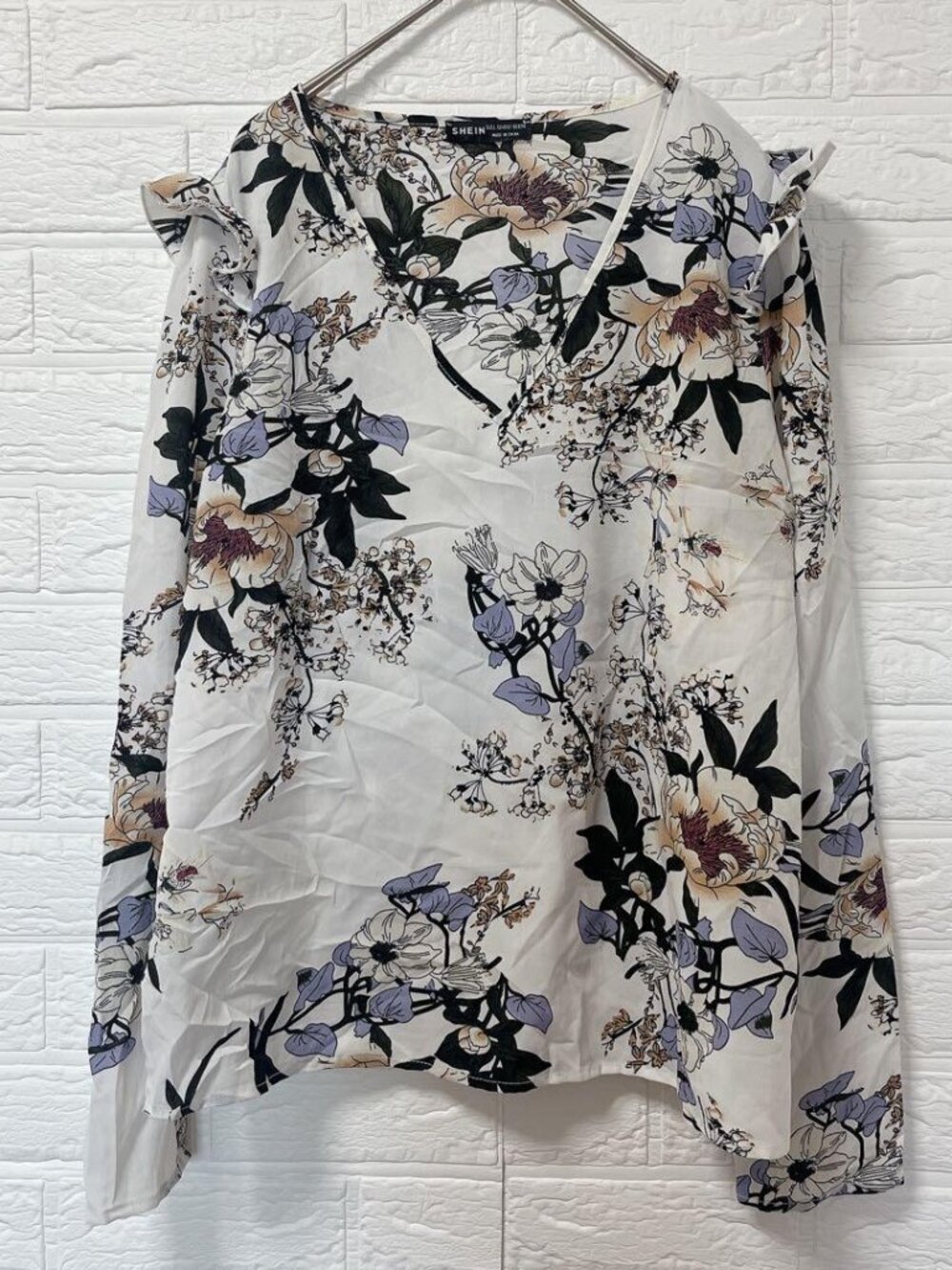Blouse V-neck Long Sleeves Floral Print White